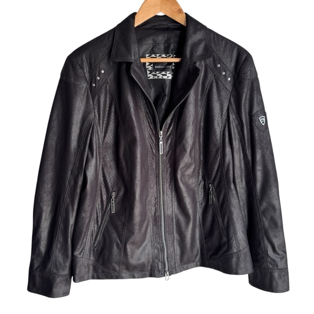 Barbara Lebek Faux Suede Jacket Sz L Black Full Zip Moto Chic Edgy Biker EUC